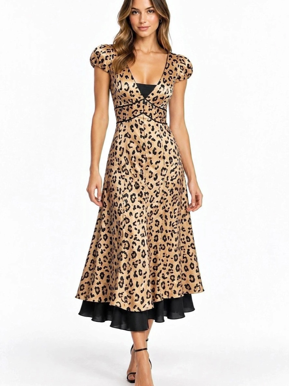 Cinq à Sept Leopard Print Silk Puff Sleeve Midi Dress Size 6
